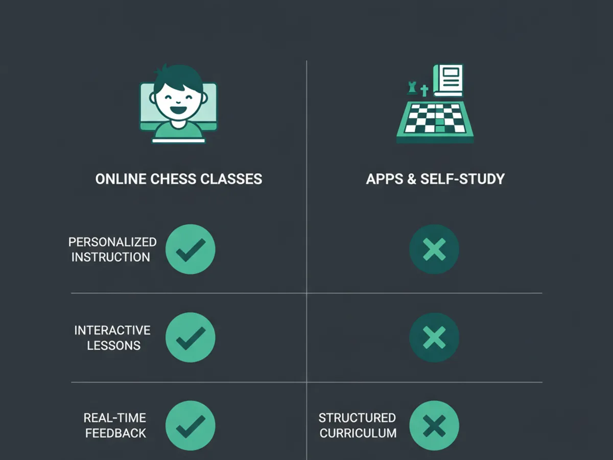 online chess classes for kids — Online Chess Classes vs. Chess Apps and Self-Study (illustration)