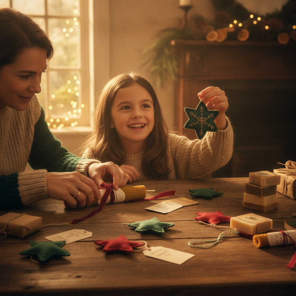 Family making holiday gifts together at a table with felt ornaments, candles, and labels