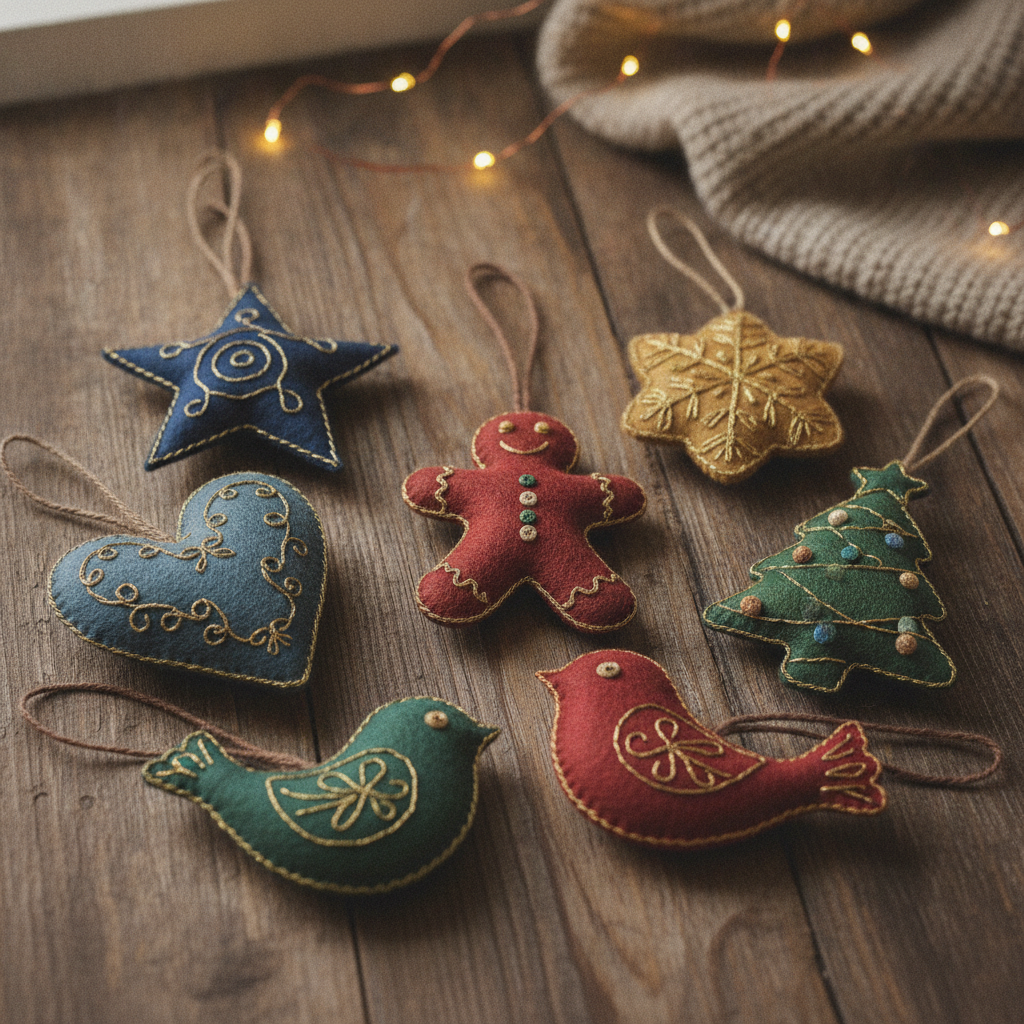Handmade felt holiday ornaments in heritage vintage style on a wooden surface