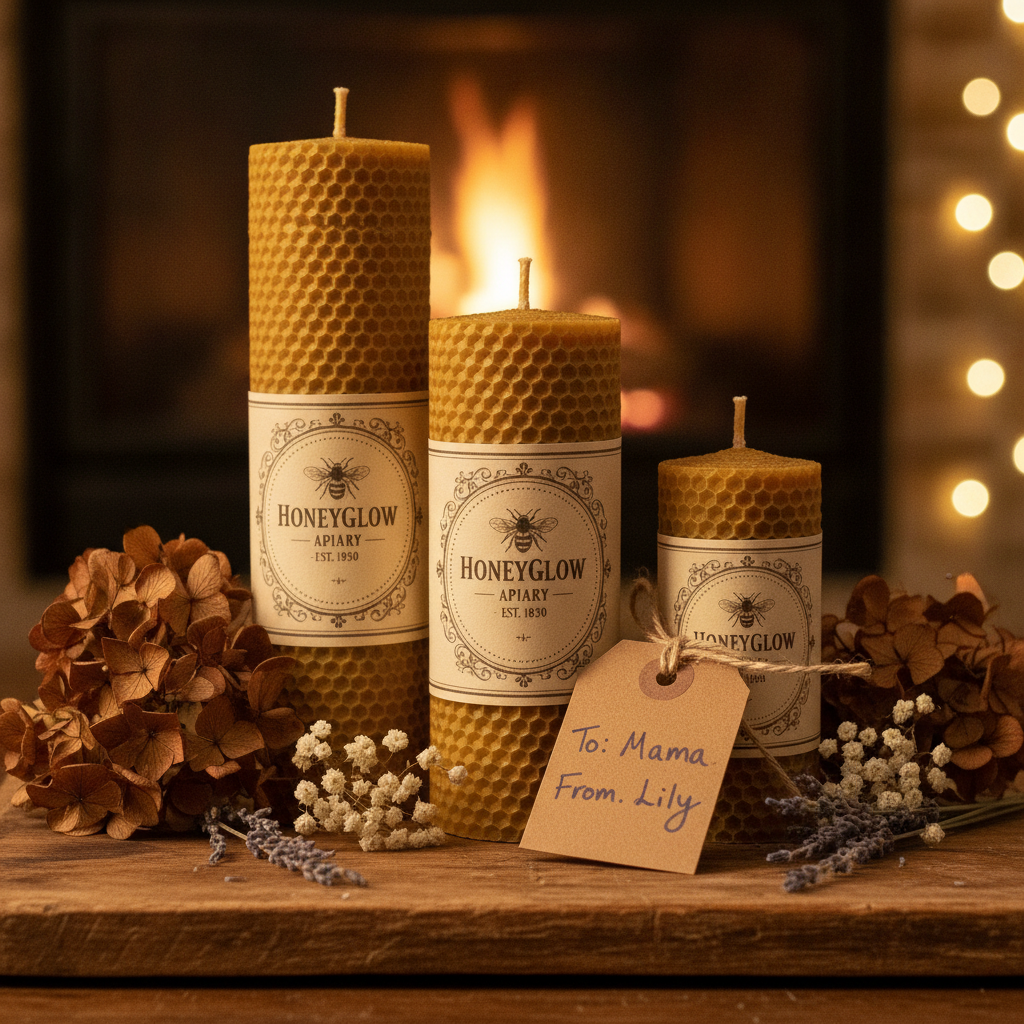 Handmade rolled beeswax candles with custom labels on a vintage wooden board