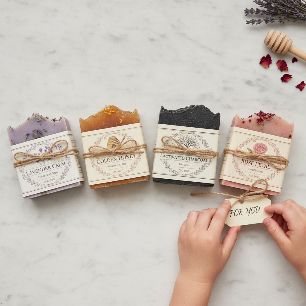 Handmade melt-and-pour soap bars with custom heritage vintage labels on marble