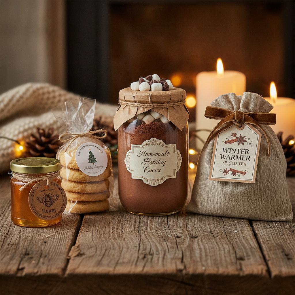 Homemade food gifts in mason jars with custom labels on a rustic table