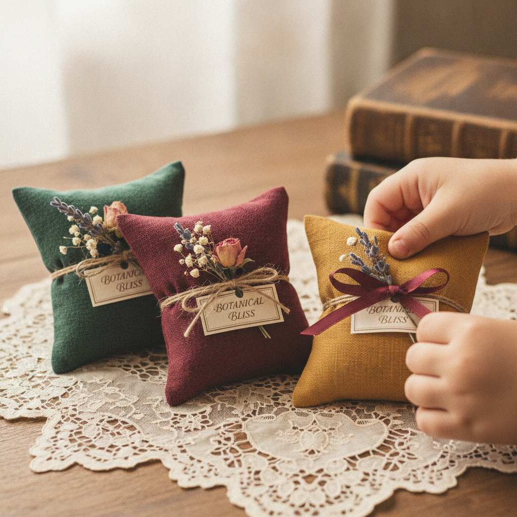 Handmade dry scent sachets in muted jewel tones with custom labels on vintage lace