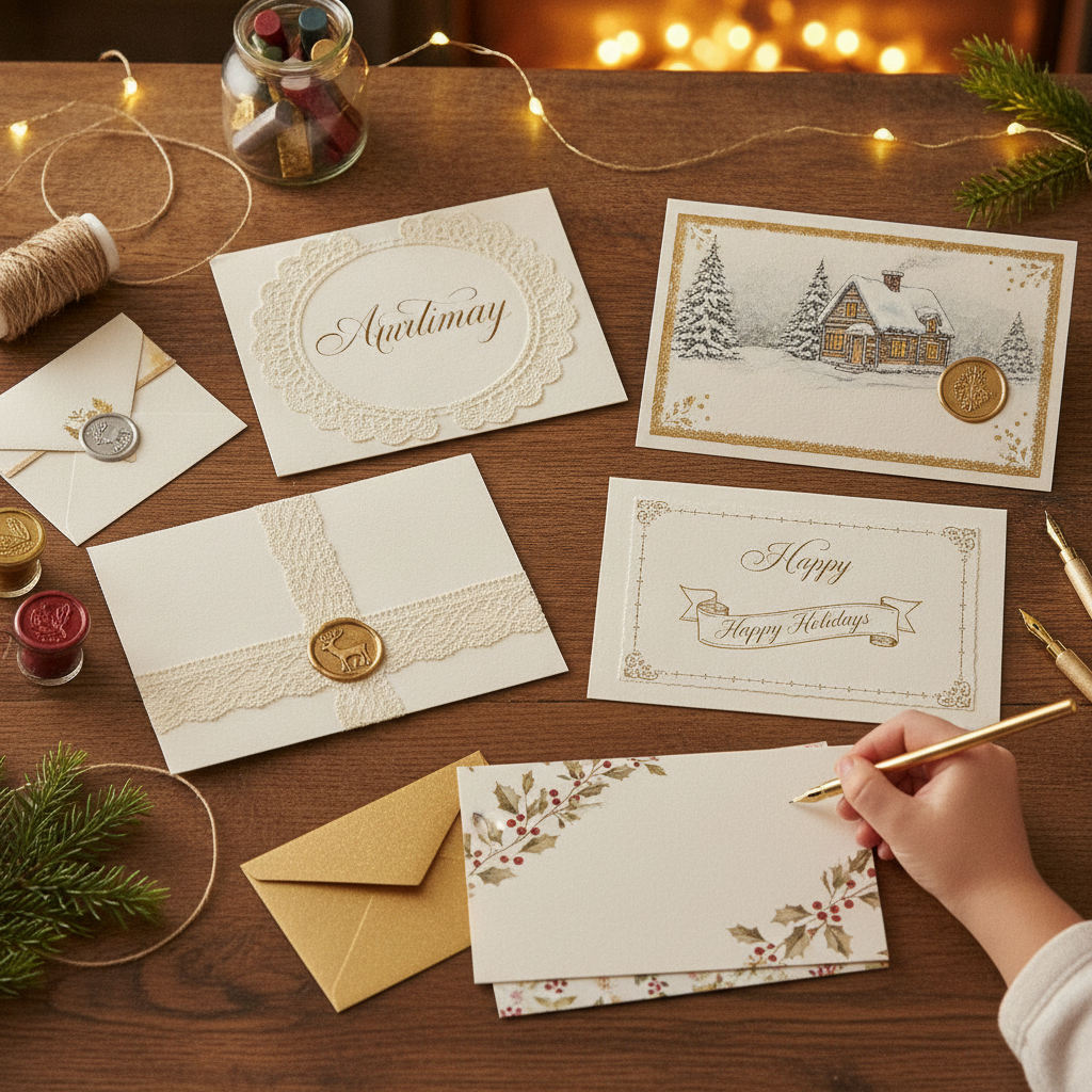 Handmade holiday cards with heritage vintage designs and gold pen on a wooden desk