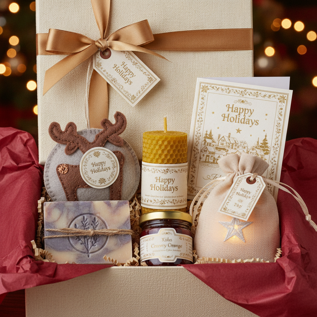 Complete holiday gift collection in a gift box with matching labels and gold ribbon