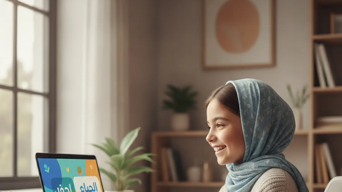 An 8-year-old girl smiling at a laptop showing an Arabic learning interface