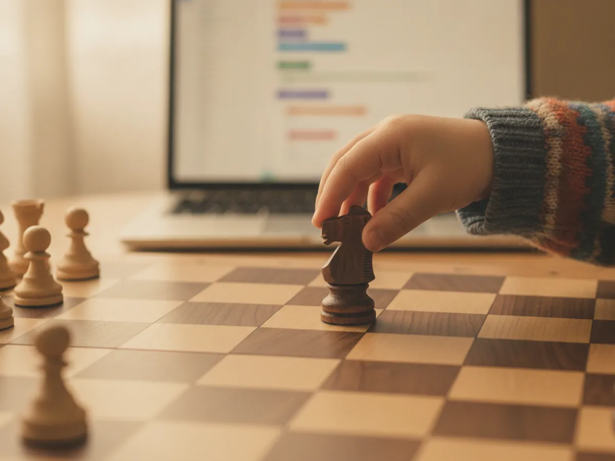 Close-up of a child moving a chess knight with a coding laptop in soft focus