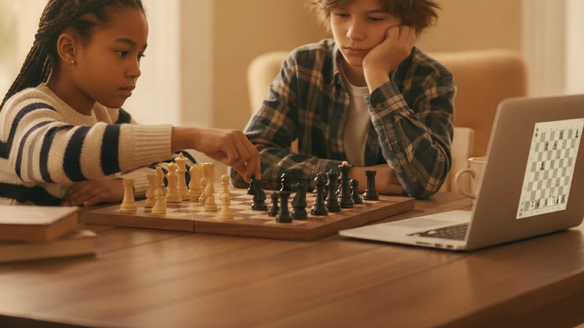 A 9-year-old boy and 10-year-old girl playing chess with a coding laptop beside them