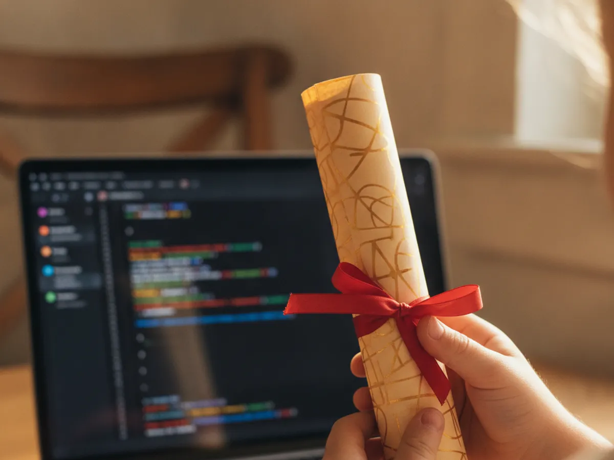 A child holding a printed gift certificate with a coding laptop in the background