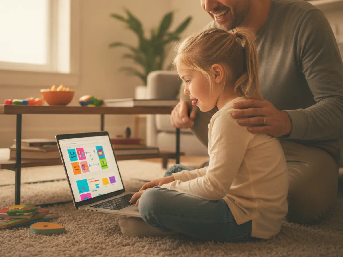 A 7-year-old girl building her first website with her father watching proudly