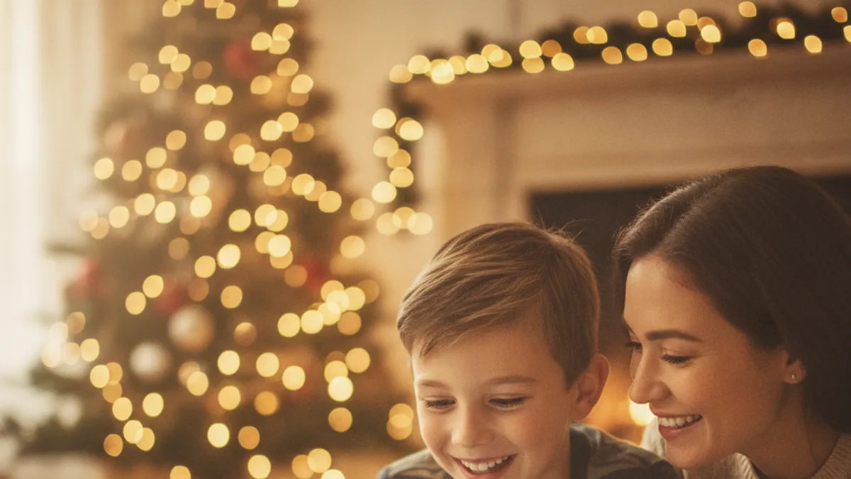 A 10-year-old boy opening a digital coding gift on a tablet with his mother, both excited
