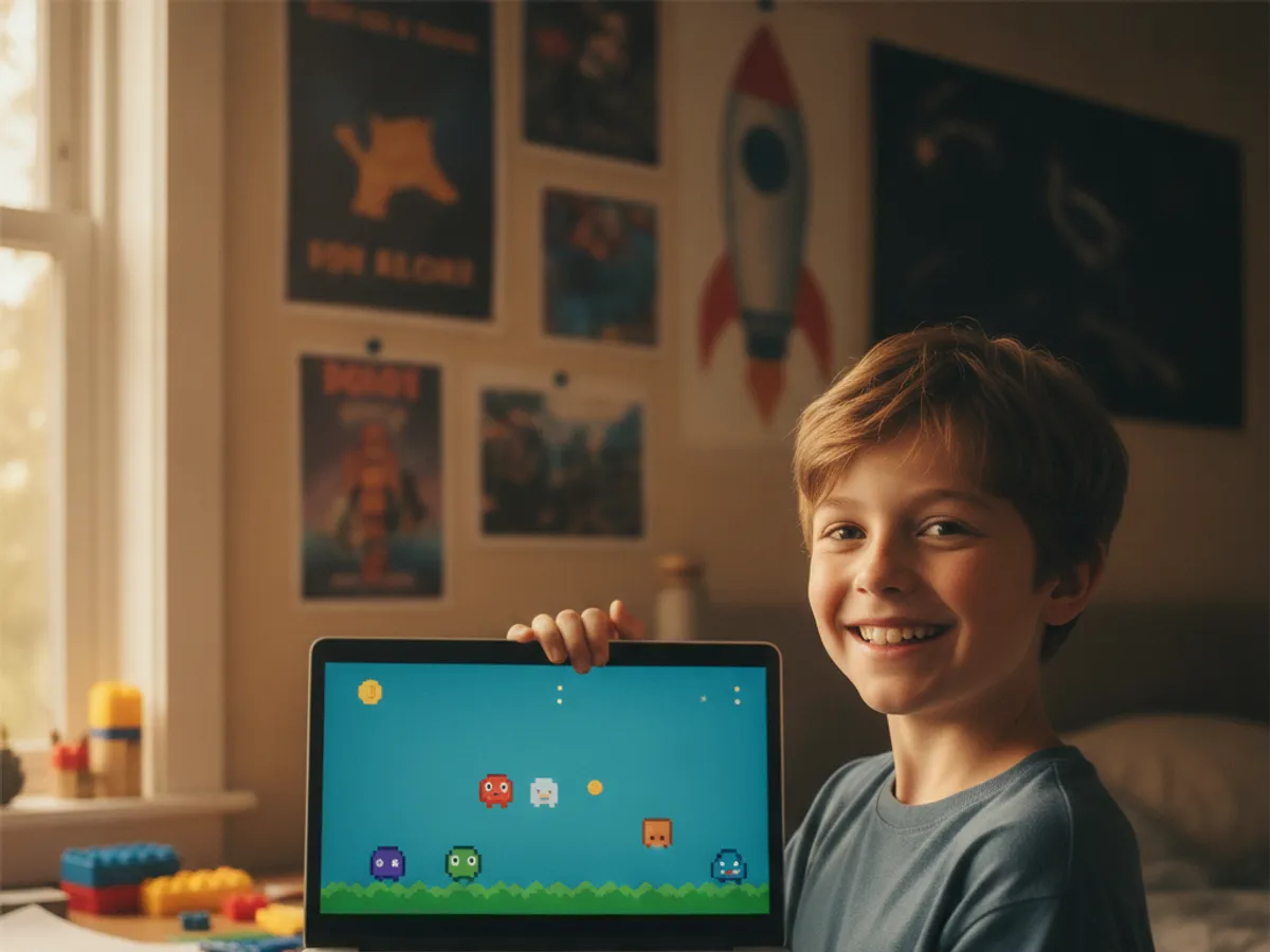 A 9-year-old boy proudly holding up a laptop showing a game he built