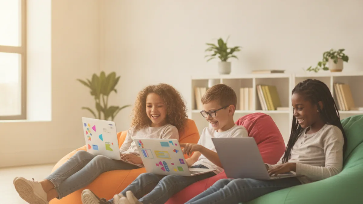 Three diverse kids sitting on beanbags with laptops, smiling and showing each other their screens
