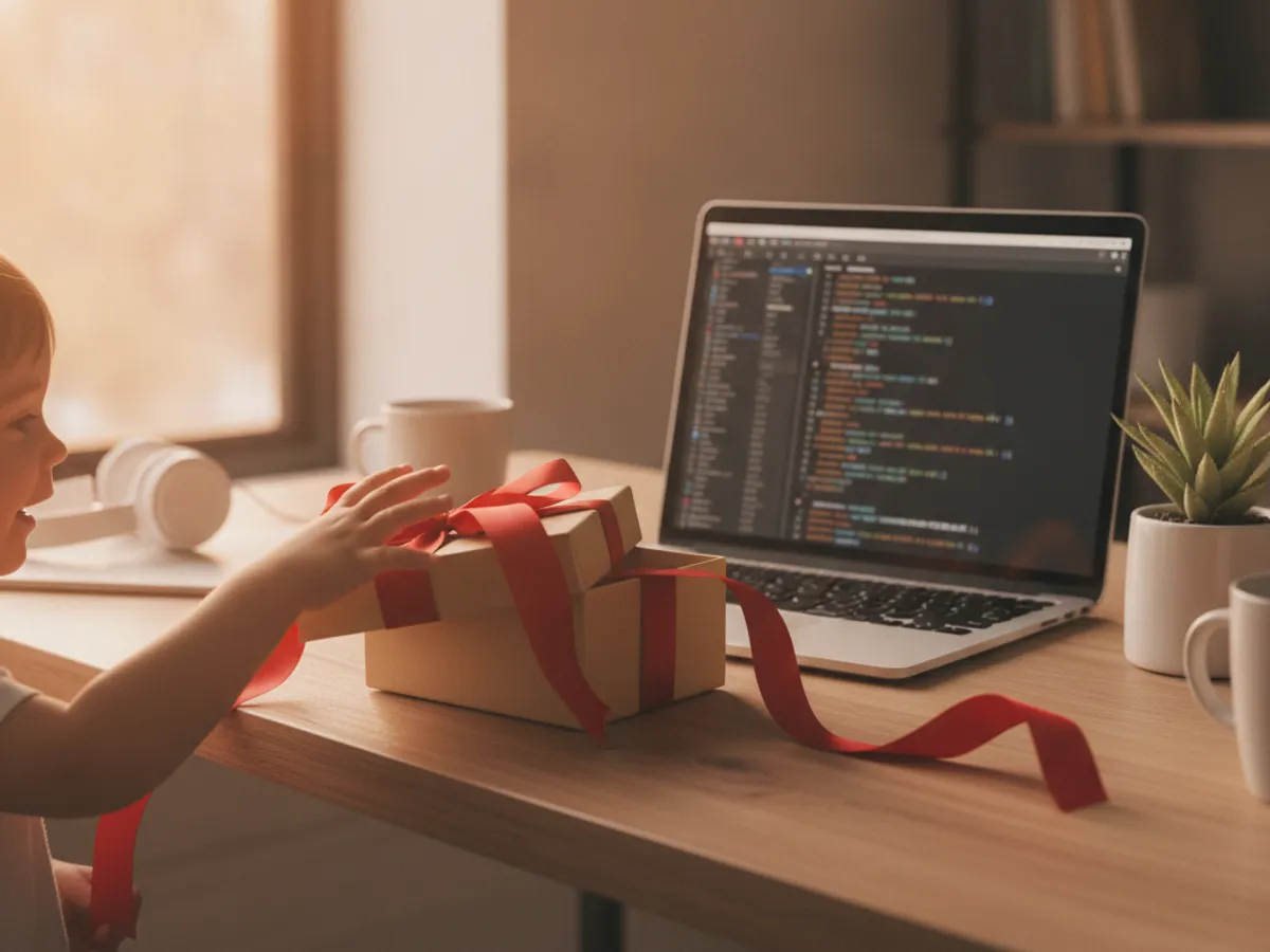 A gift box on a desk next to a laptop showing a coding platform