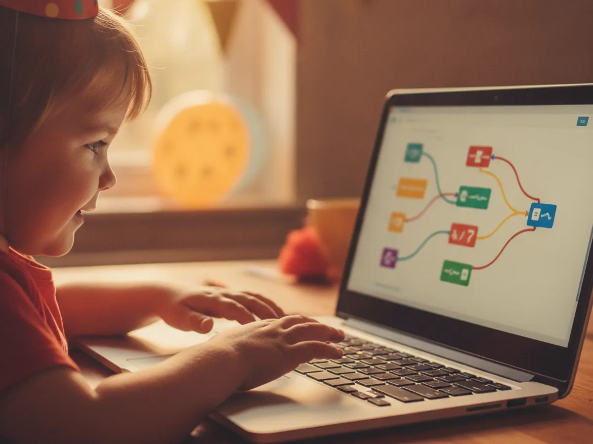A child in a birthday party hat coding on a laptop with a colorful game on screen