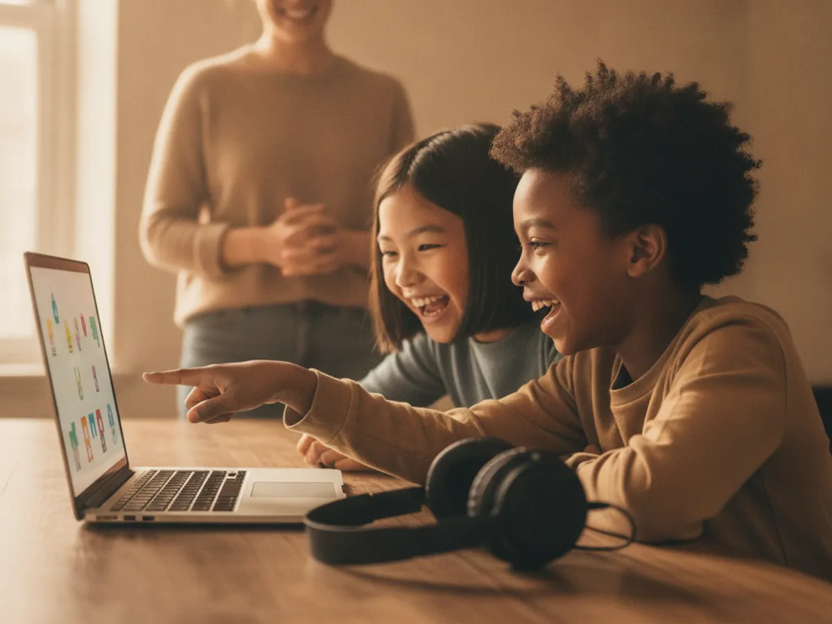 Two children collaborating on a coding project together, laughing and pointing at the screen