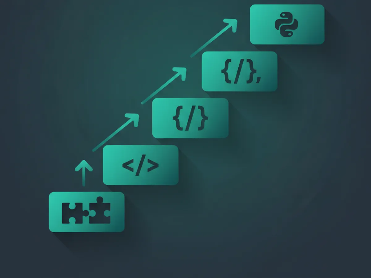 Learning pathway from block coding to HTML to JavaScript to Python — infographic