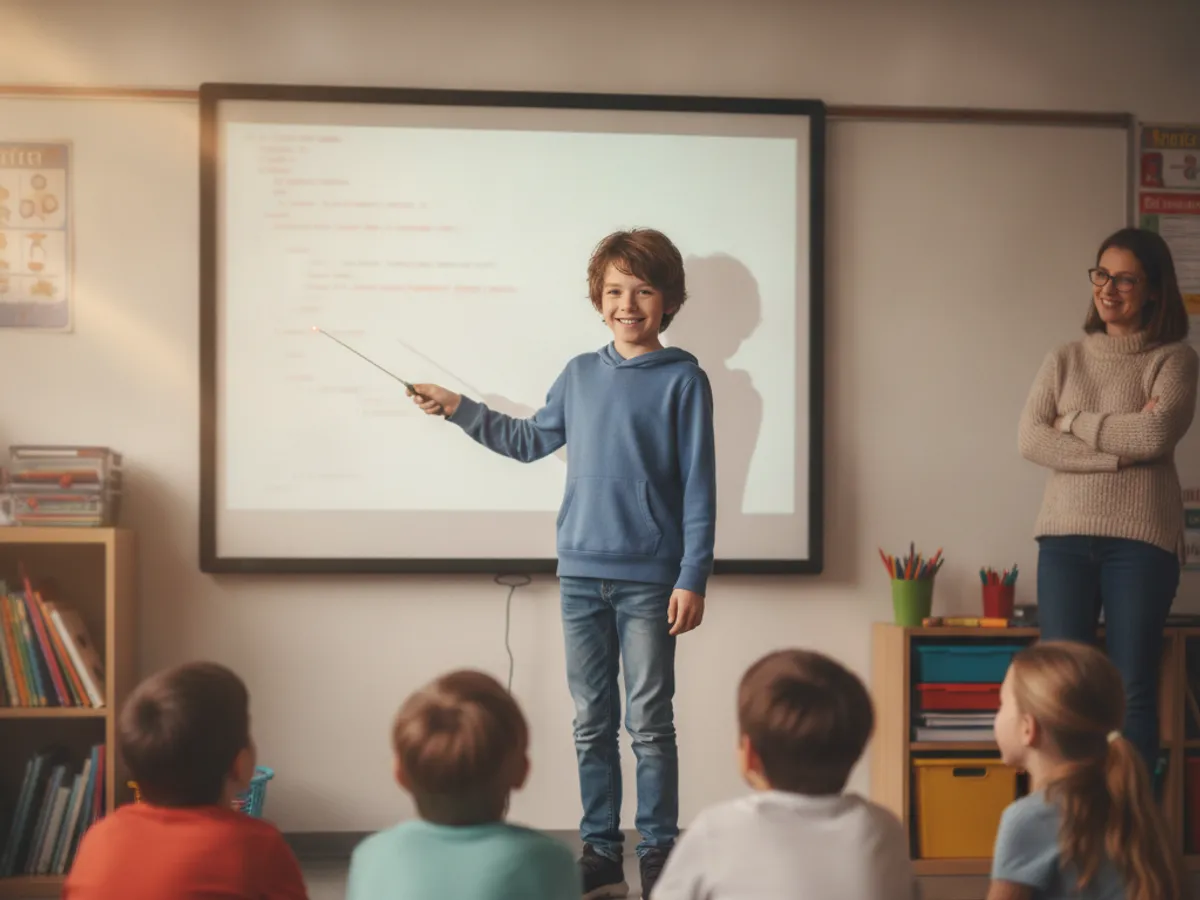 A 10-year-old boy presenting his coding project to classmates in a classroom