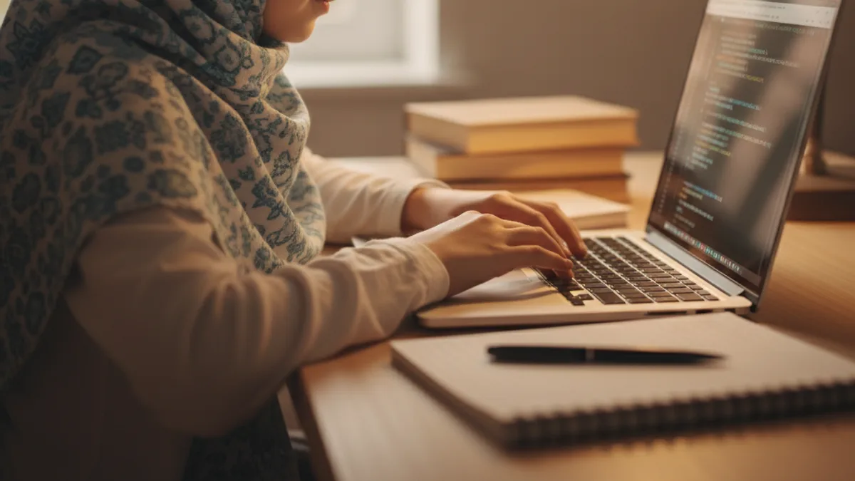 A 10-year-old girl with hijab typing Python code on a laptop with confidence