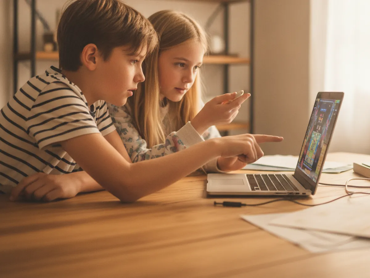 An 11-year-old boy and girl collaborating on a coding project in a bright study room