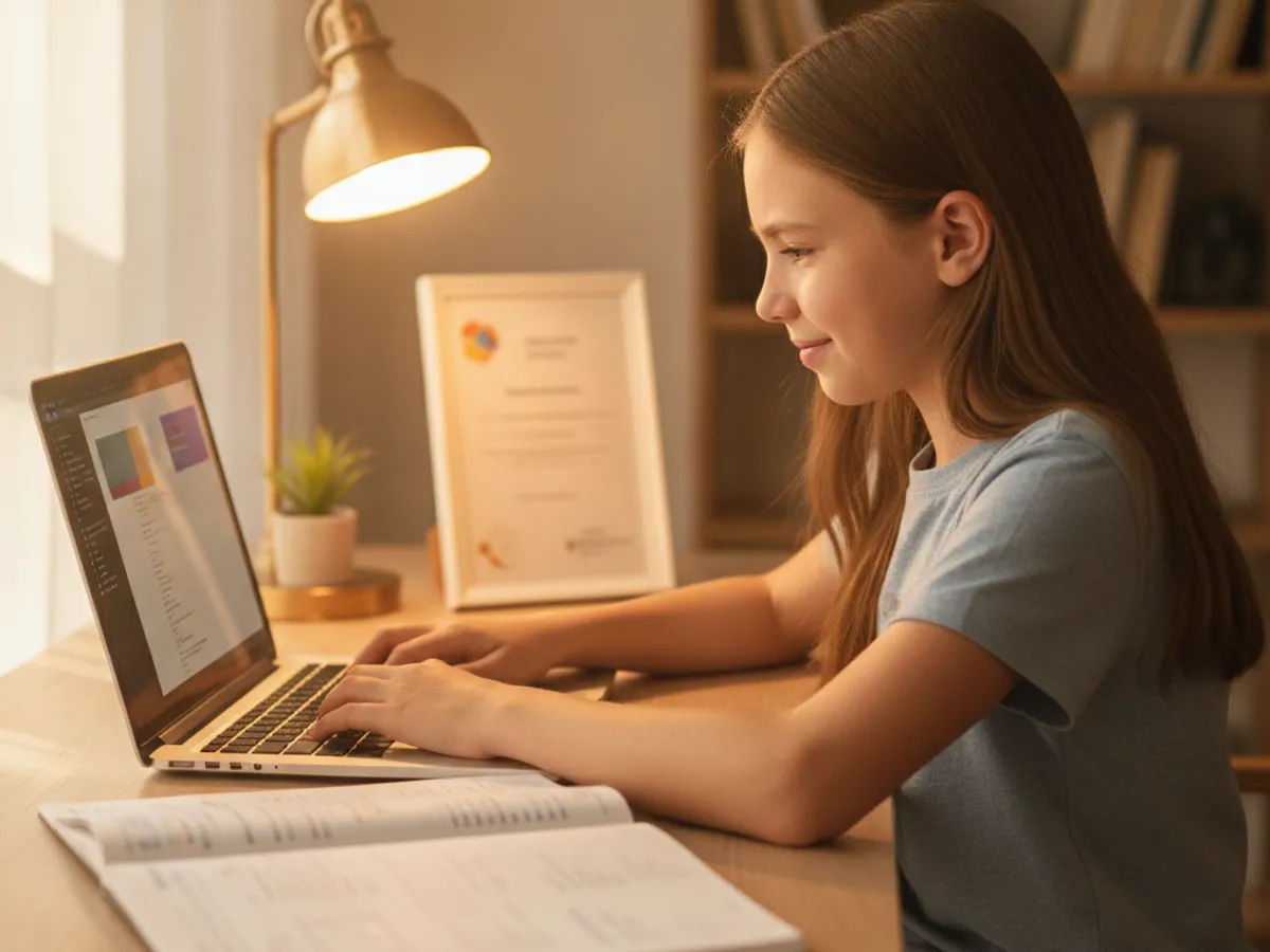 A 12-year-old girl building a Python app with a certificate visible on her desk