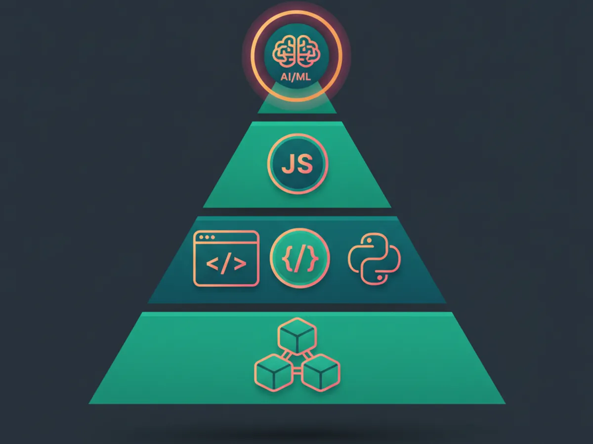Skill progression pyramid from blocks to Python to AI for 12-year-olds with certificate at top