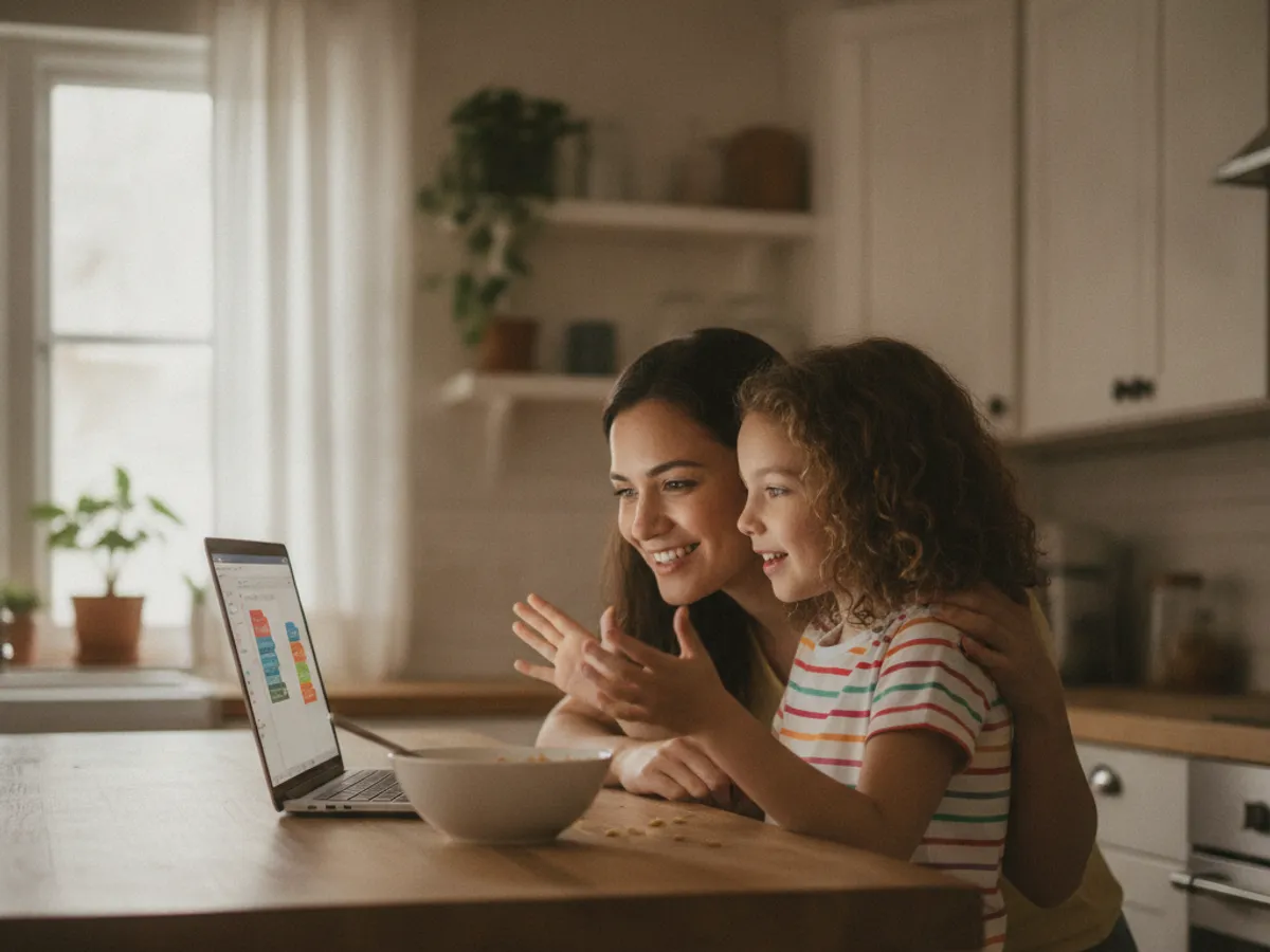 A 9-year-old girl showing her mom a game she coded on a laptop