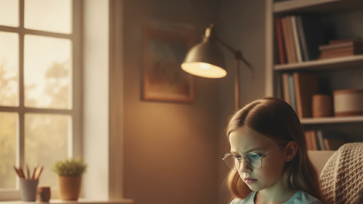 A 9-year-old girl with glasses concentrating on coding on her laptop at home