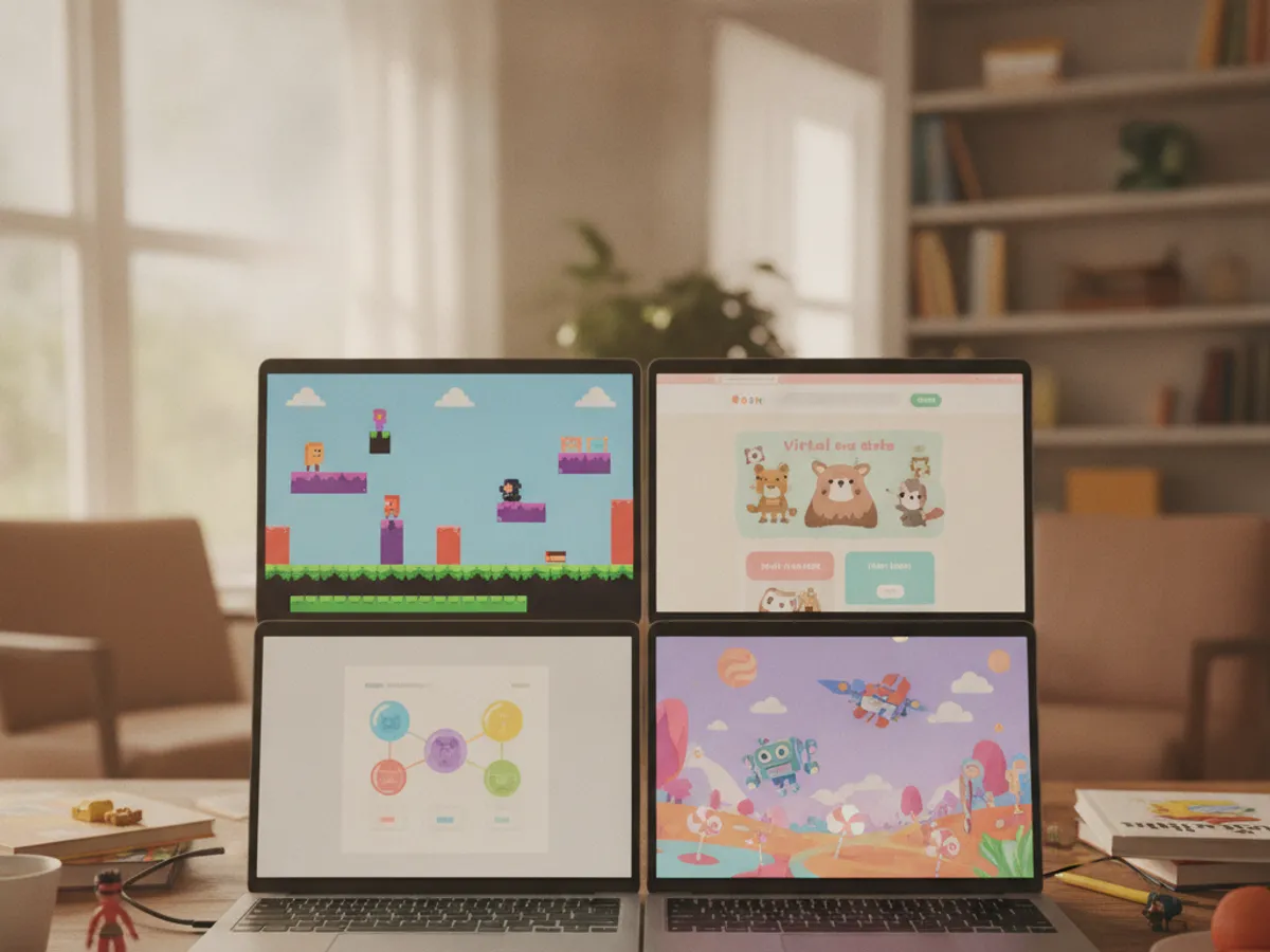 A gallery of four laptop screens showing different kid-built projects