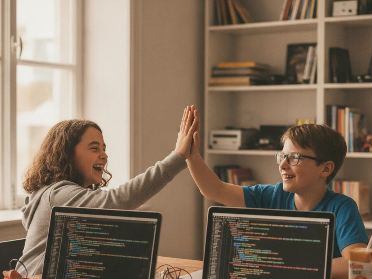 Two 10-year-old kids high-fiving after finishing a coding project together