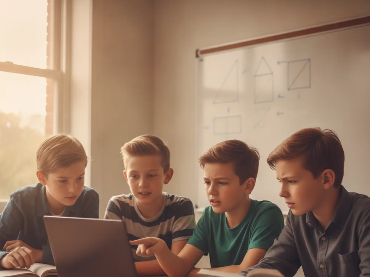 Four middle school students collaborating around one laptop on a coding project
